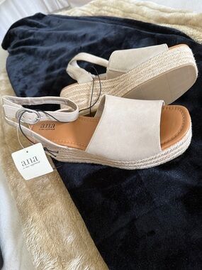 Beige "Ana" Espadrille Wedge Sandals with Ankle Strap - brand new